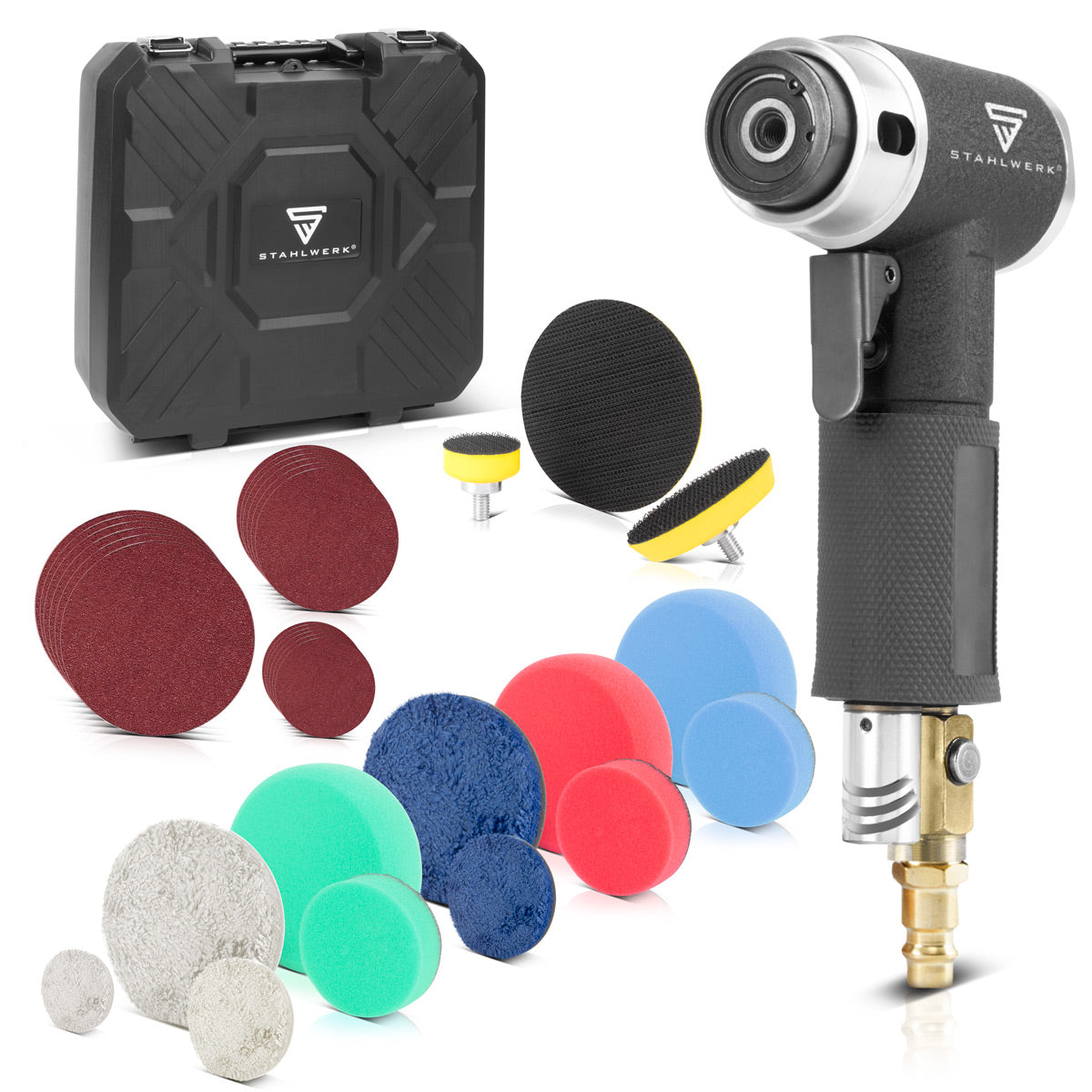 Kit de ponceuses excentriques à air comprimé STAHLWERK OSK-150 ST jusqu'à 15 000 tr/min, ponceuse à air comprimé réglable en continu | Broyeur | Ponceuse rotative | Machine à poncer et à polir avec accessoires
