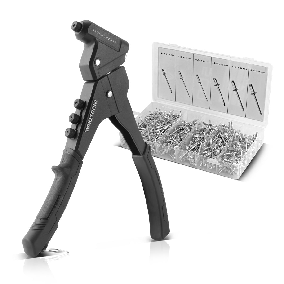 STAHLWERK rivet pliers set NZ-280 ST 360° blind rivet pliers | Lever rivet pliers | Pop rivet pliers | Rivet nut pliers | Rivet gun | Riveting tool | One-handed riveting pliers with 4 interchangeable attachments and 500 blind rivets