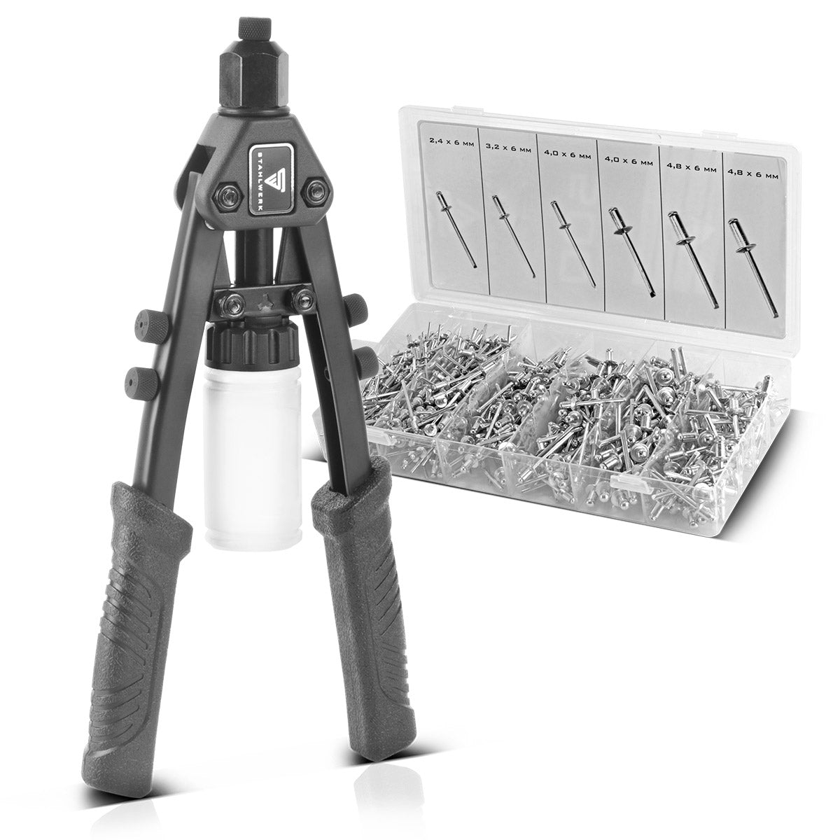 Jeu de pinces à rivets STAHLWERK HNZ-280 ST Pince à rivets aveugles | Pince à rivets à levier | Pince à rivets pop | Pince à écrous à rivets | Pistolet à rivets | Outil de rivetage | avec 5 attaches interchangeables et 500 rivets aveugles