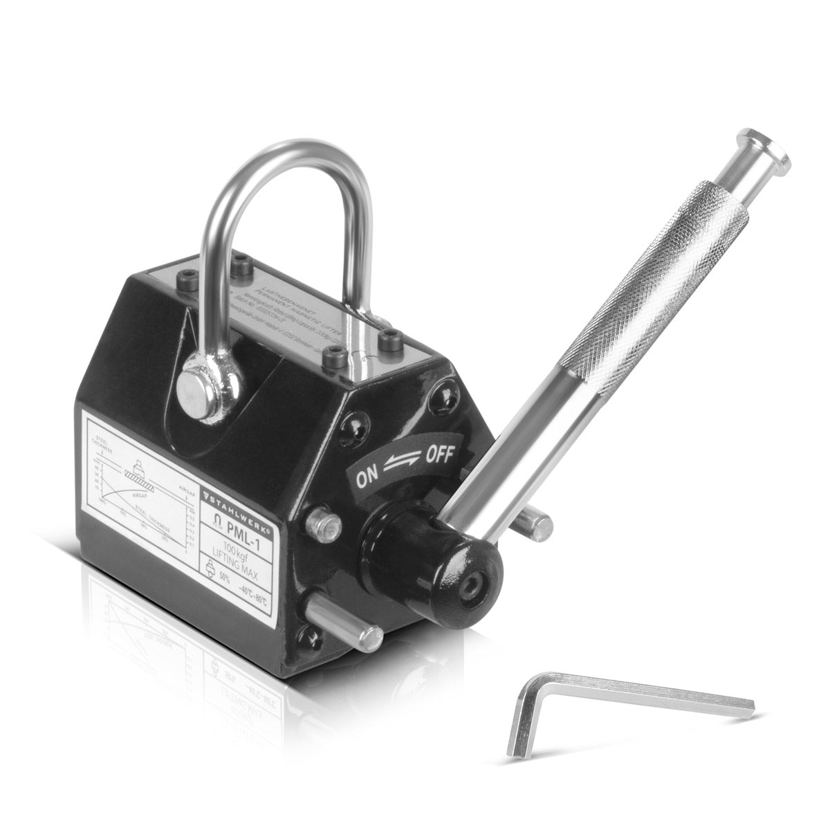 Magnete di sollevamento STAHLWERK con portata di 100 kg / 220 lbs e forza di trazione di 350 kg / 771 lbs magnete per gru comandato manualmente | Sollevatore magnetico | magnete di sollevamento
