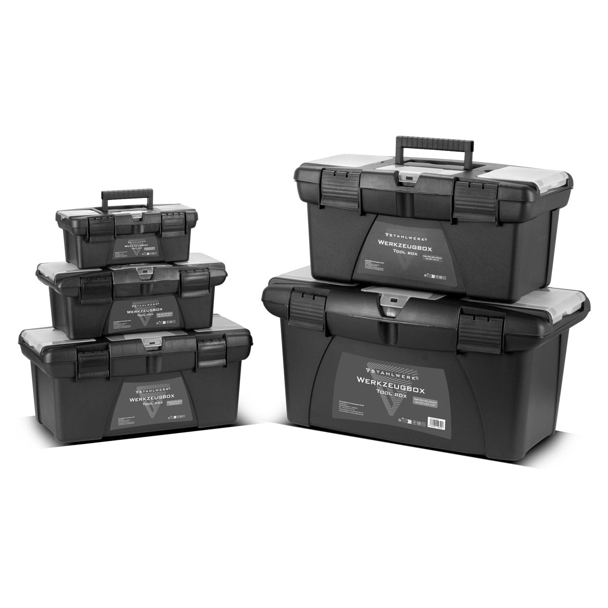 STAHLWERK Toolbox Set mit 5 leeren Werkzeugkisten | Werkzeugbox | Werkzeugkoffer | Werkzeugkasten | Werkzeug-Organizer | 5 in 1 Modul-System mit integrierten Sortimentsboxen