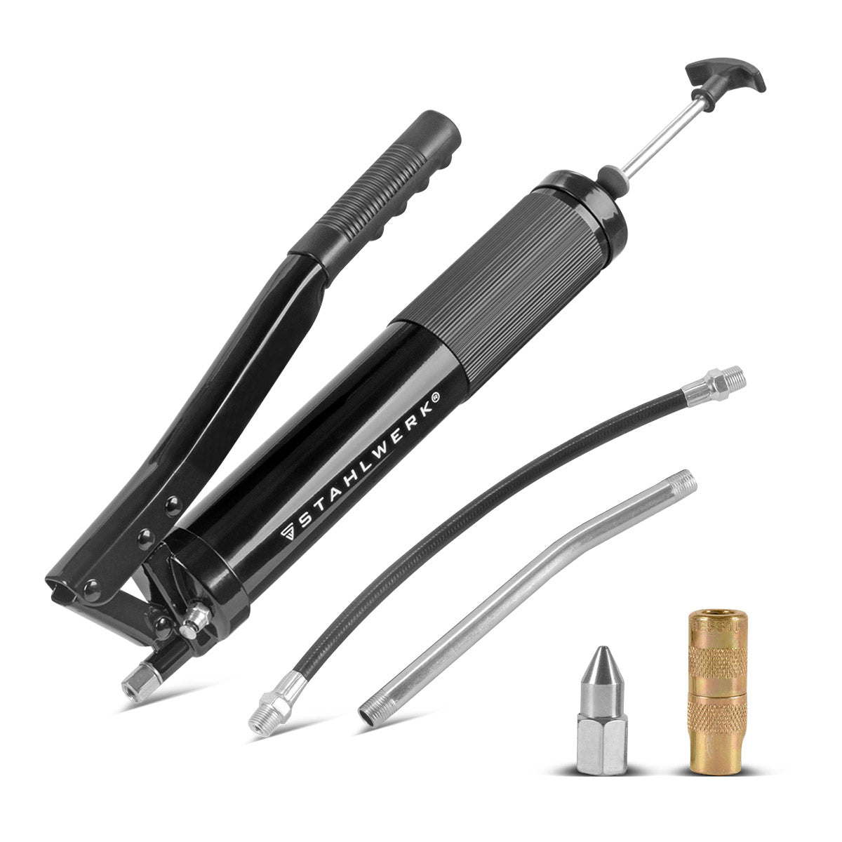Pistola engrasadora monomanual STAHLWERK 600 ml 550 bar | Prensa de palanca manual de acero robusto | Pistola engrasadora para grasa suelta o cartucho de 400 g | Prensa manual para lubricación con manguera flexible y tubo de extensión.