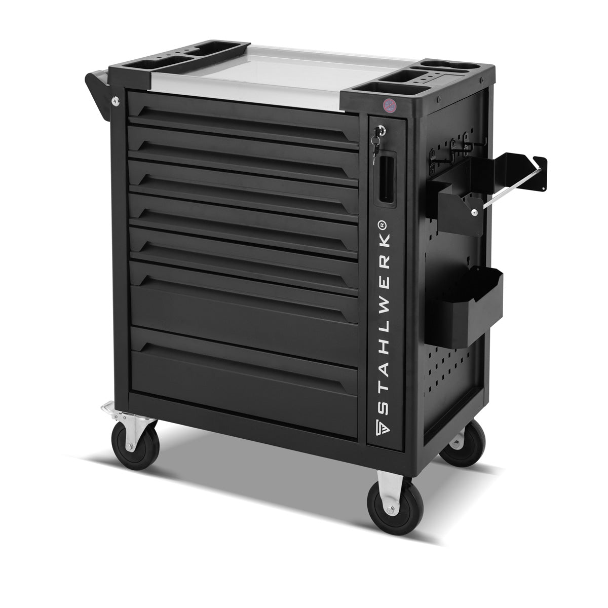 STAHLWERK workshop trolley EAGLE lockable tool trolley | Professional assembly trolley | Tool organizer with 7 drawers, side pull-out and rubberized long-life wheels