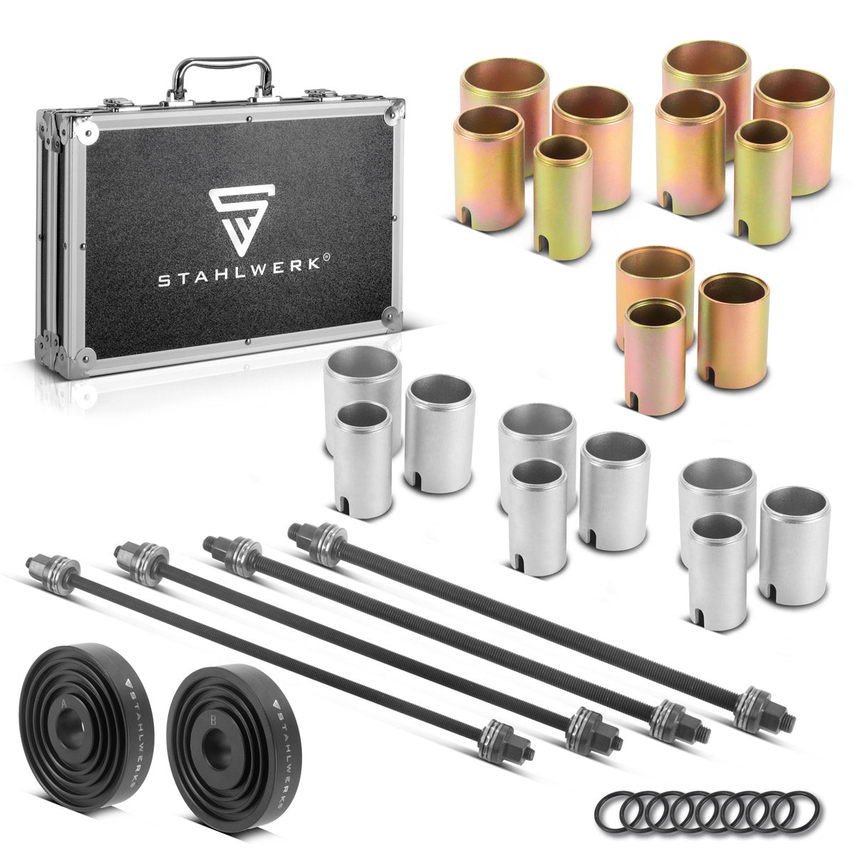 Jeu d'extracteurs de coussinets STAHLWERK | Outil à roulement silencieux | Extracteur de roulement de roue | Outil de roulement de bague | Coffret d'outils de 27 pièces pour le montage et le démontage des roulements de roue et des bagues de châssis