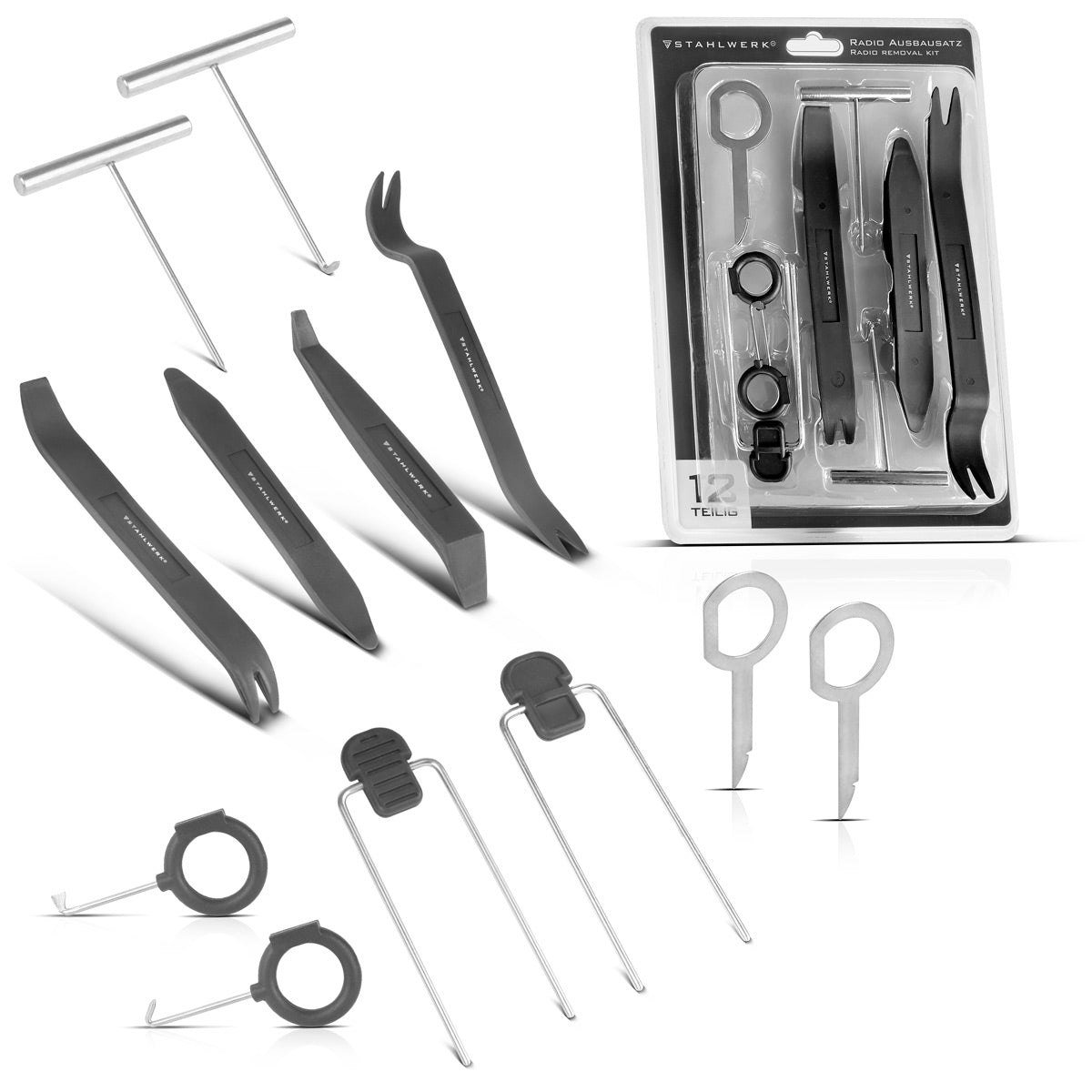 STAHLWERK car radio expansion set 12 pieces | Disassembly tool set for removing car radios, navigation devices and interior trim | Removal tool | Car radio expansion kit | Unlocking tool