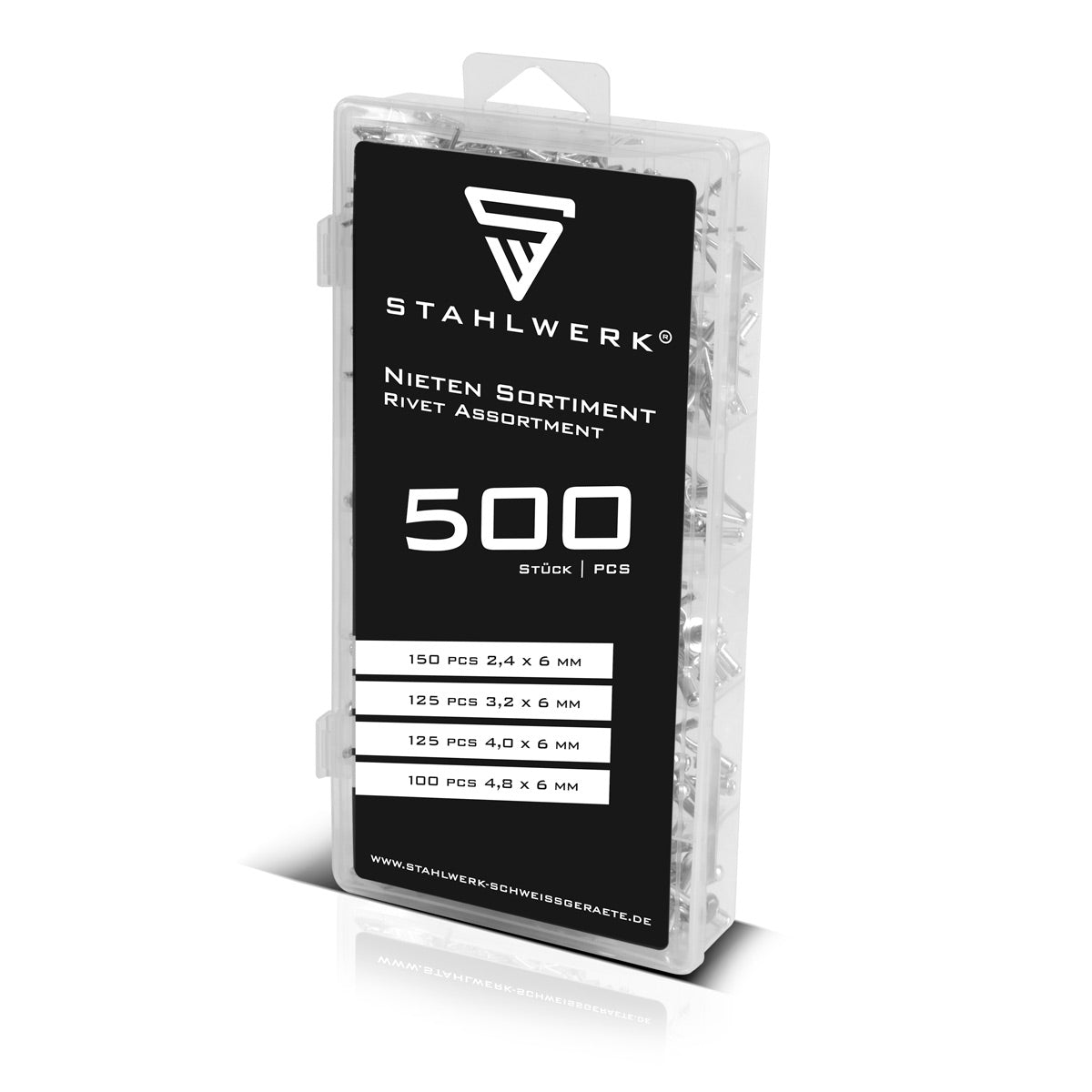 Assortiment de rivets STAHLWERK 500 pièces | Jeu de rivets aveugles dans une boîte en plastique pratique Rivets en aluminium en 4 tailles différentes | Rivets pop à utiliser avec une pince à rivets
