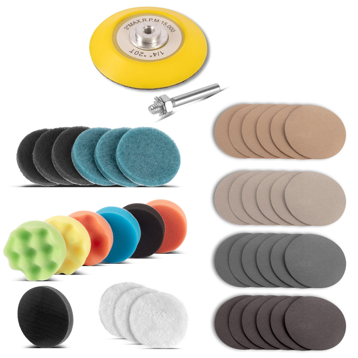 Set per riparazione fari STAHLWERK Set per lucidatura da 41 pezzi per avvitatori a batteria con platorelli e spugne per lucidatura per la preparazione professionale di fari opachi, opachi e ciechi