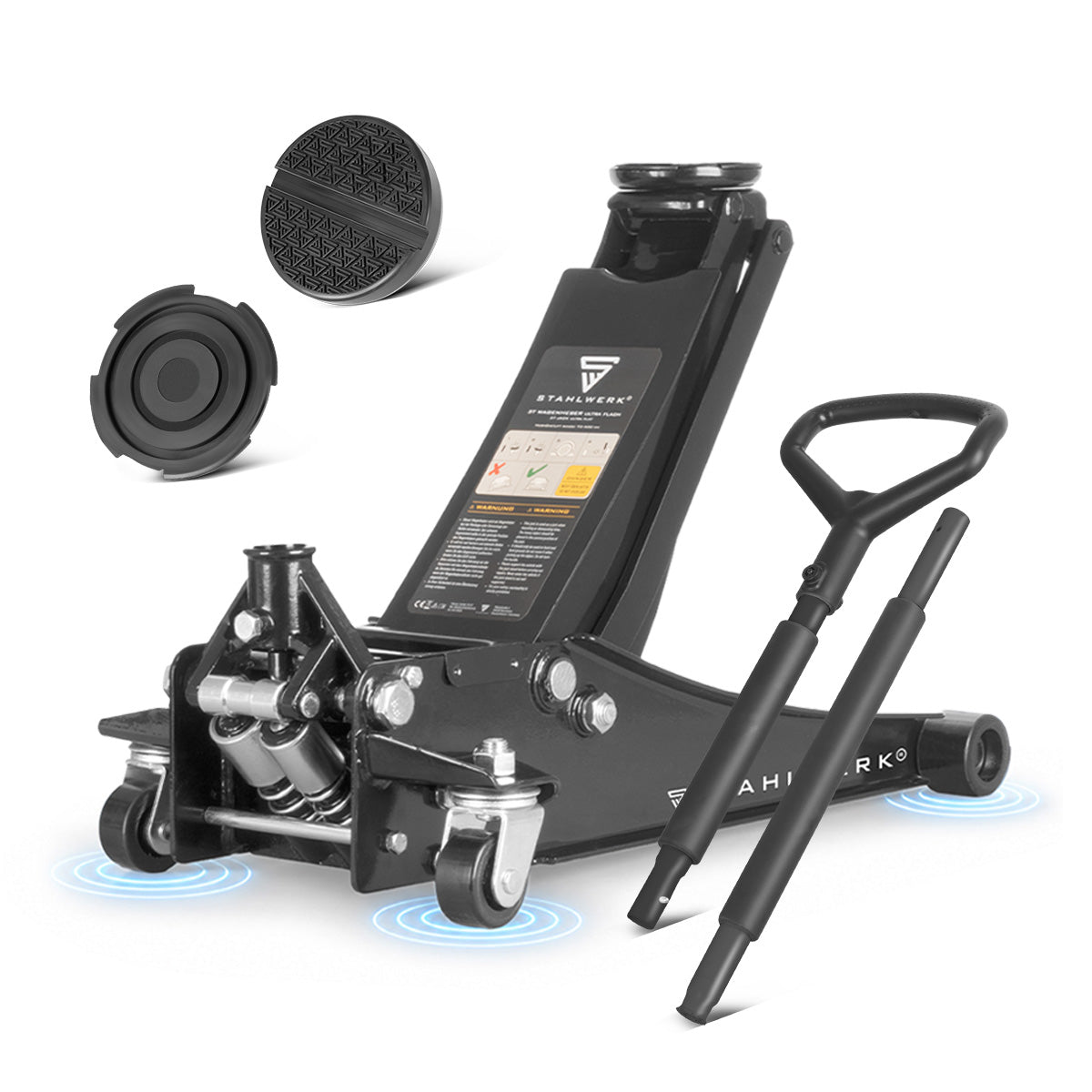Gato para coche STAHLWERK WHB-73 ST con capacidad de carga de 3 t, rodillos silenciosos de goma, doble pistón de elevación y rango de elevación de 73-500 mm | Gato con ruedas extraplano | Gato hidráulico para coche | gato negro
