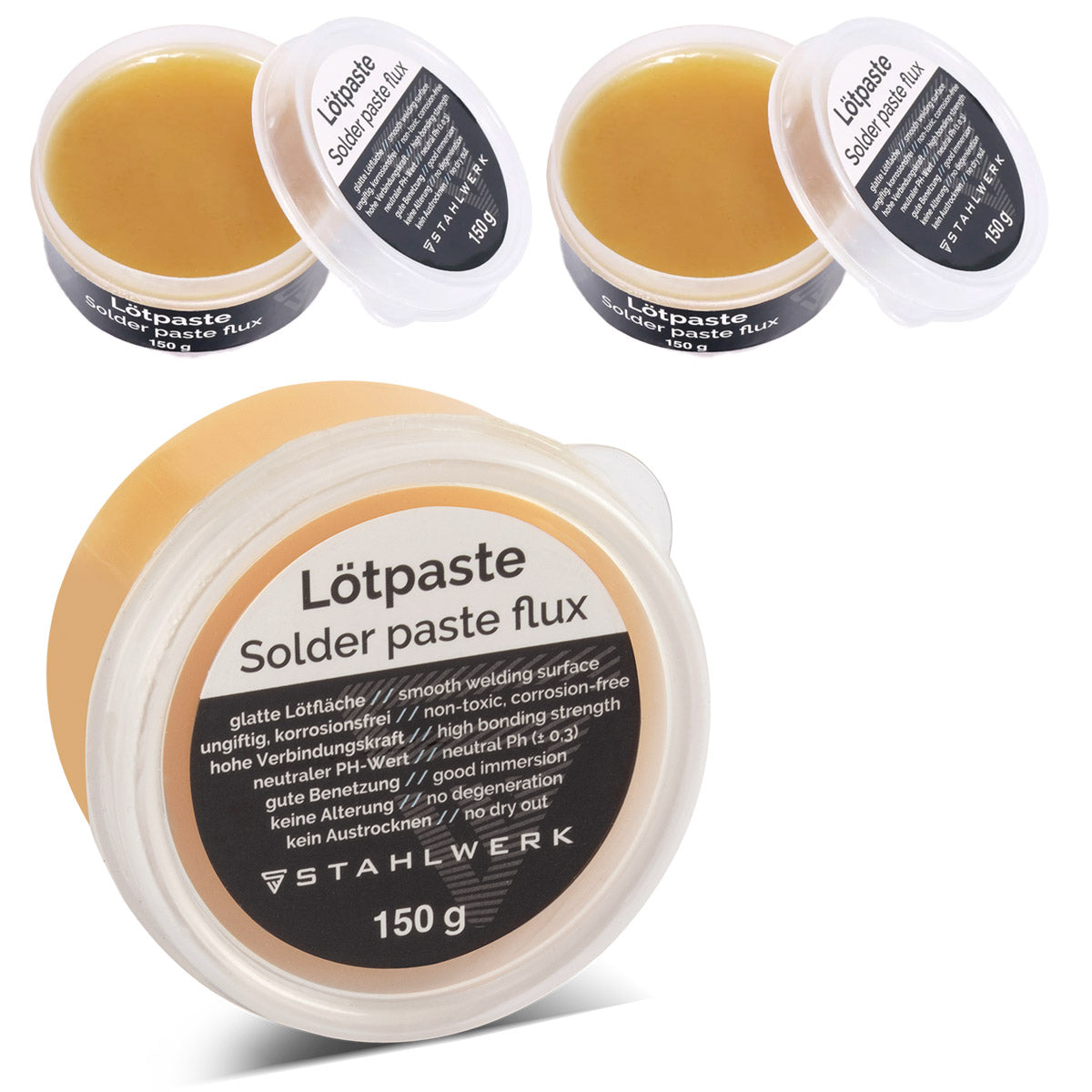 STAHLWERK 3 x pâte à souder en boîte économique de 150 g assure une surface de soudure lisse et, grâce au flux intégré, un travail propre et efficace lors du soudage