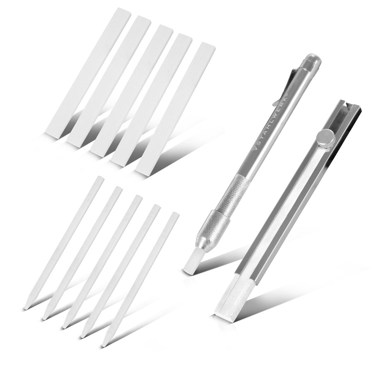 STAHLWERK welding chalk set 12 pieces, chalk holder flat and round made of aluminum, soapstone pencils for refilling with 10 pieces of soapstone chalk for marking on steel, stainless steel, aluminum