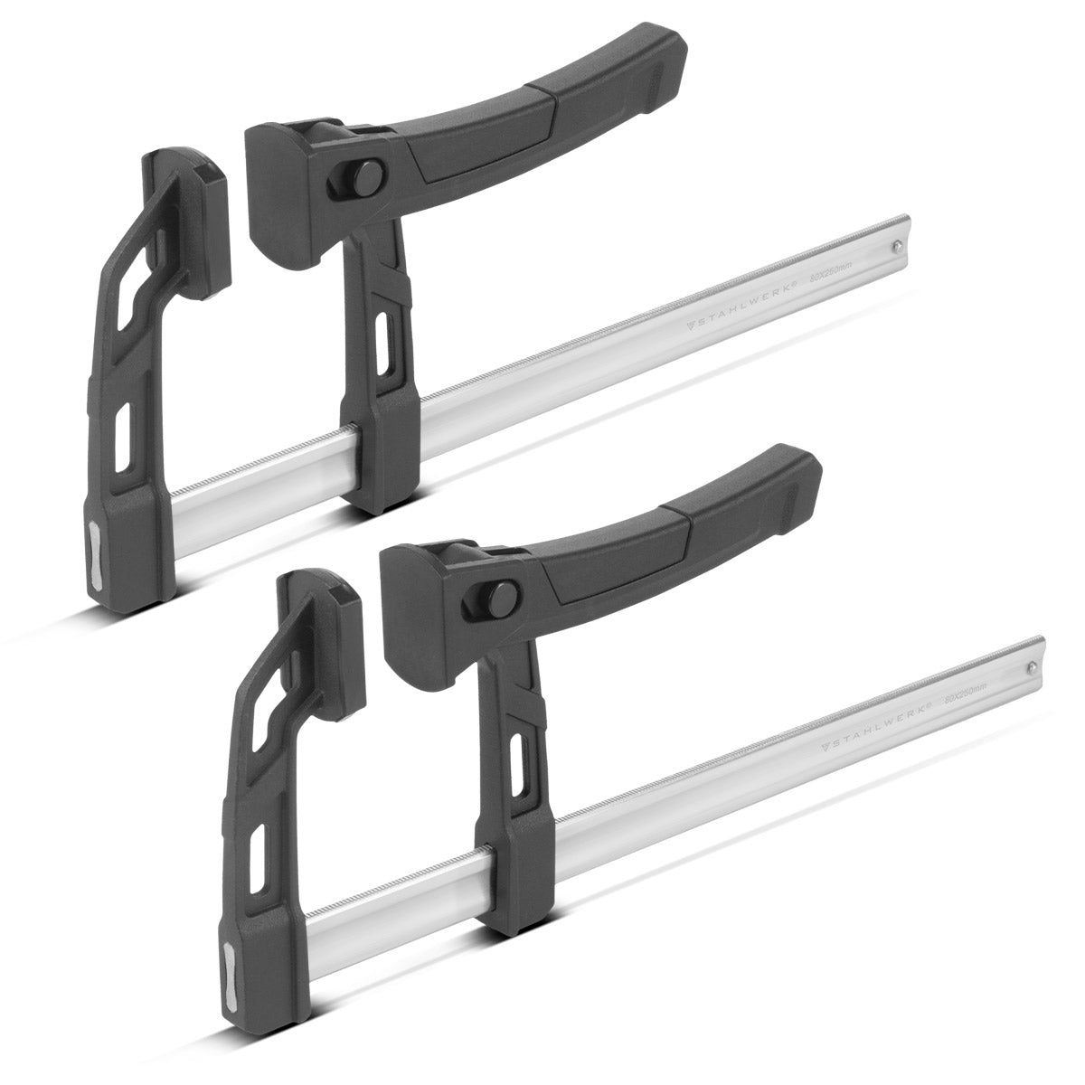 STAHLWERK set of 2 lever clamps 80x250 mm | powerful clamp with 100 kg pressure force | Quick release for precise fixing of workpieces | Stable clamp with a span of 250 mm, clamping depth of 80 mm