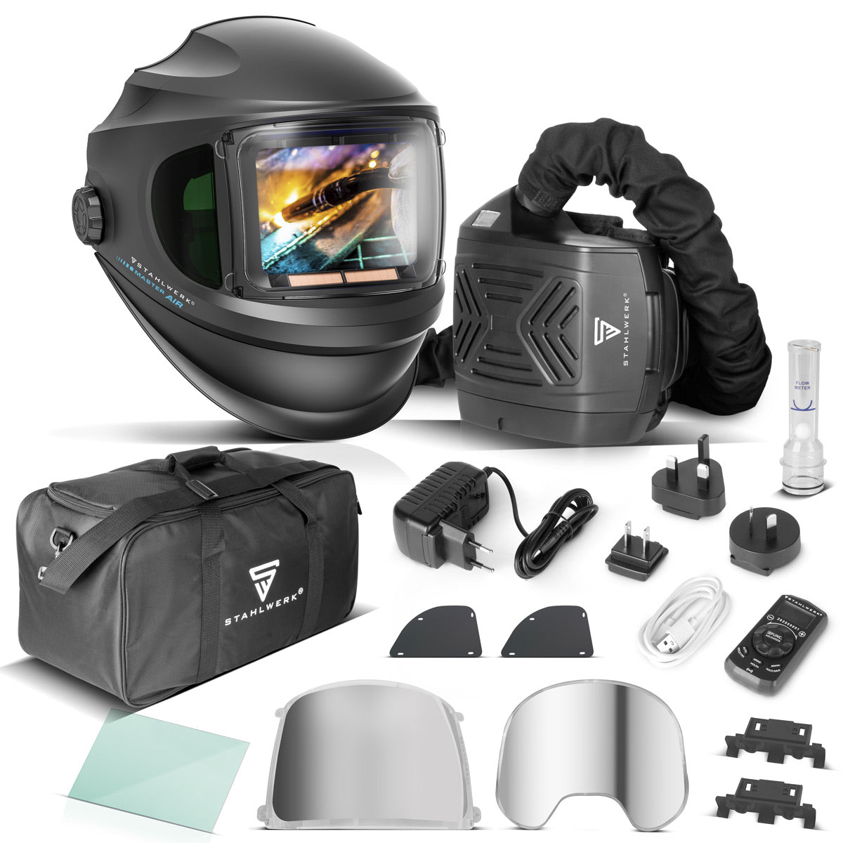 STAHLWERK 3-in-1 automatic welding helmet MASTER AIR | Welding helmet with fresh air supply | Bluetooth remote control | True color reproduction | Darkening DIN 4 to DIN 14 | Optical class 1/1/1/1
