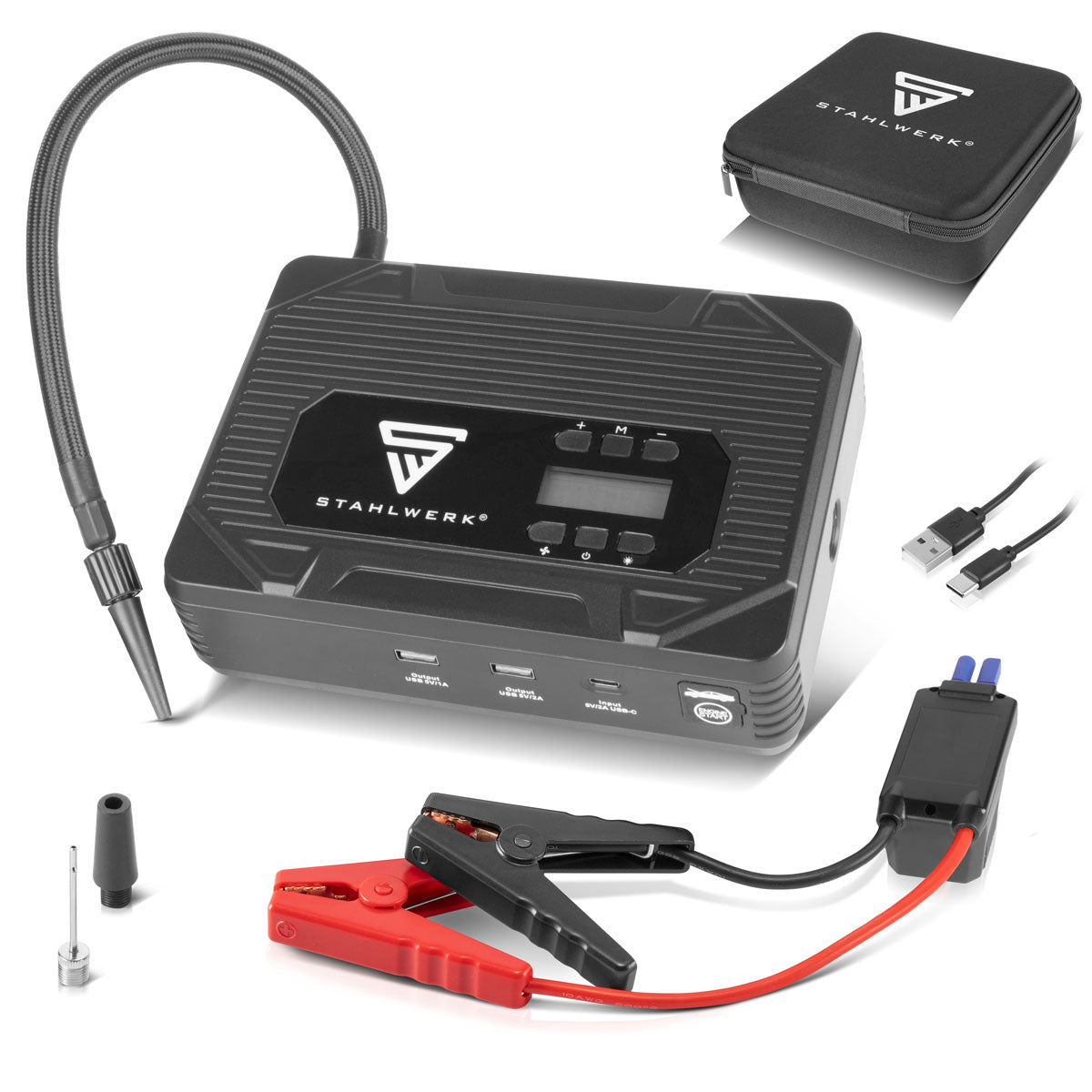 STAHLWERK PB-1400 ST | Powerbank Starthilfe 400 A, 14.000 mAh | Für Benzin- und Dieselmotoren | Mobiler Kompressor mit 3,5 bar Arbeitsdruck und LED-Leuchte | USB-Ladegerät und Starthilfe in einem