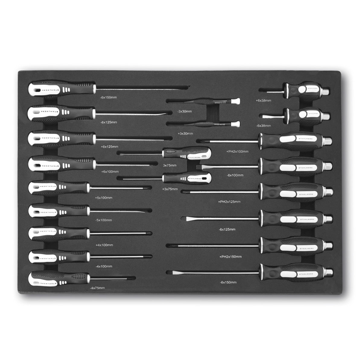 STAHLWERK Jeu de tournevis 21 pièces PH et SL avec insert en mousse | incrustation pour chariots d'atelier | Des outils de haute qualité dans un insert pour chariot à outils | Ordre parfait dans l'atelier
