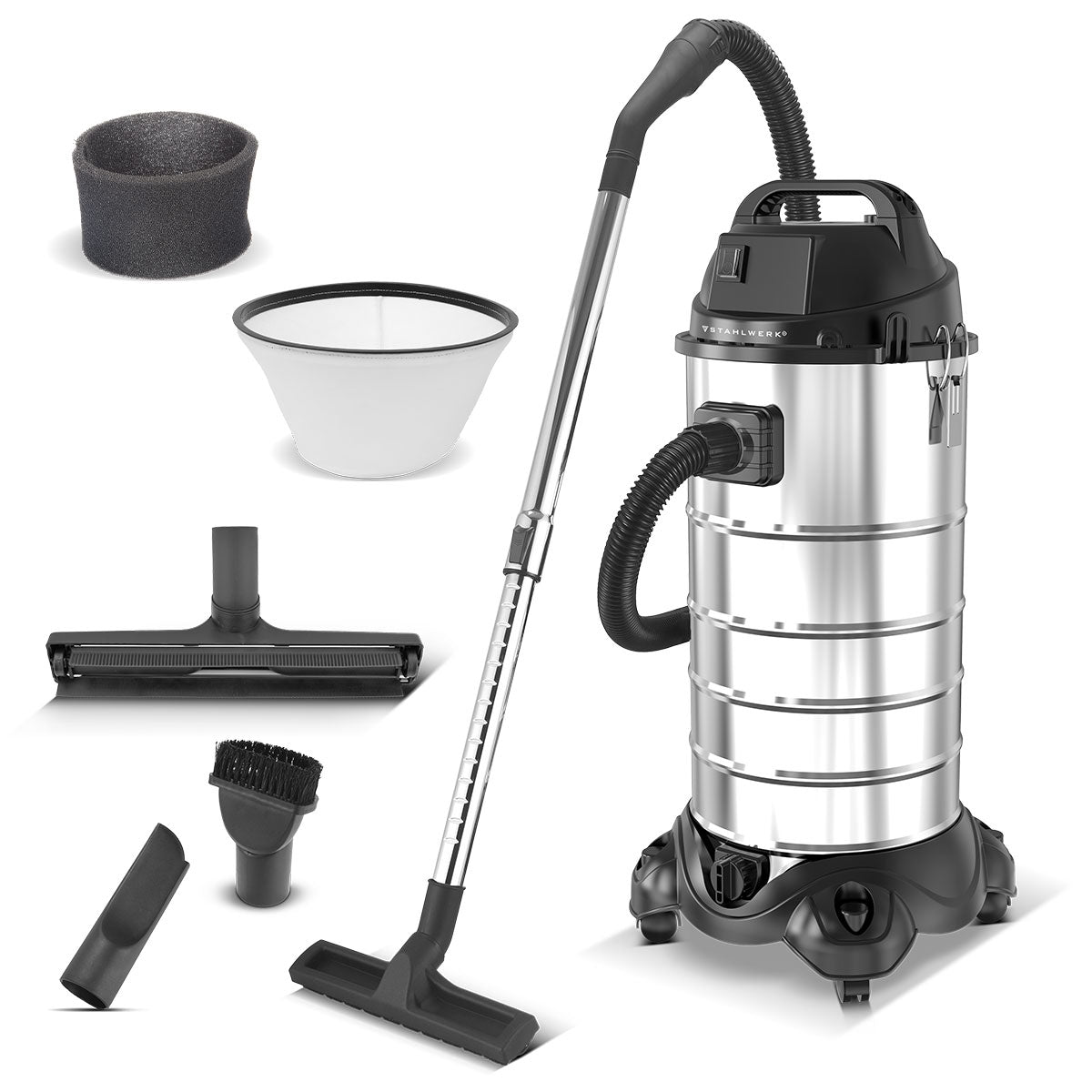 STAHLWERK Nass- und Trockensauger VCL-1500 ST | 1500 W Industriesauger mit 40 l Edelstahlbehälter | Blasfunktion und Sicherheitsabschaltung | Umfangreiches Zubehörpaket | Robuster Werkstattsauger