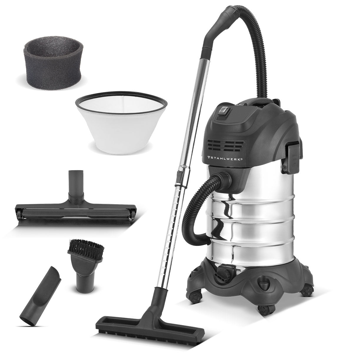 STAHLWERK Nass- und Trockensauger VCL-1600 ST | 1600 W Industriesauger mit 35 l Edelstahlbehälter | Sicherheitsabschaltung | Umfangreiches Zubehörpaket | Robuster Werkstattsauger
