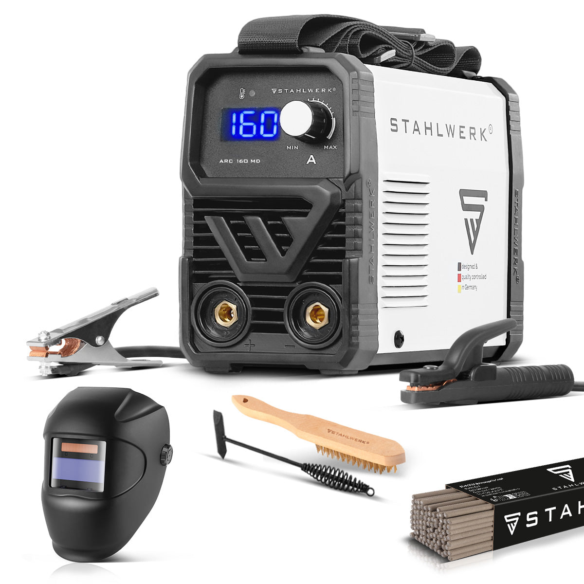 Saldatrice ad elettrodo completamente attrezzata STAHLWERK ARC 160 MD - Saldatrice DC MMA, E-Hand, Lift-TIG | Regolazione infinita | 160 Amp reali | Molto compatto e leggero | Avvio a caldo, antiaderente, raffreddamento intelligente | Tecnologia IGBT