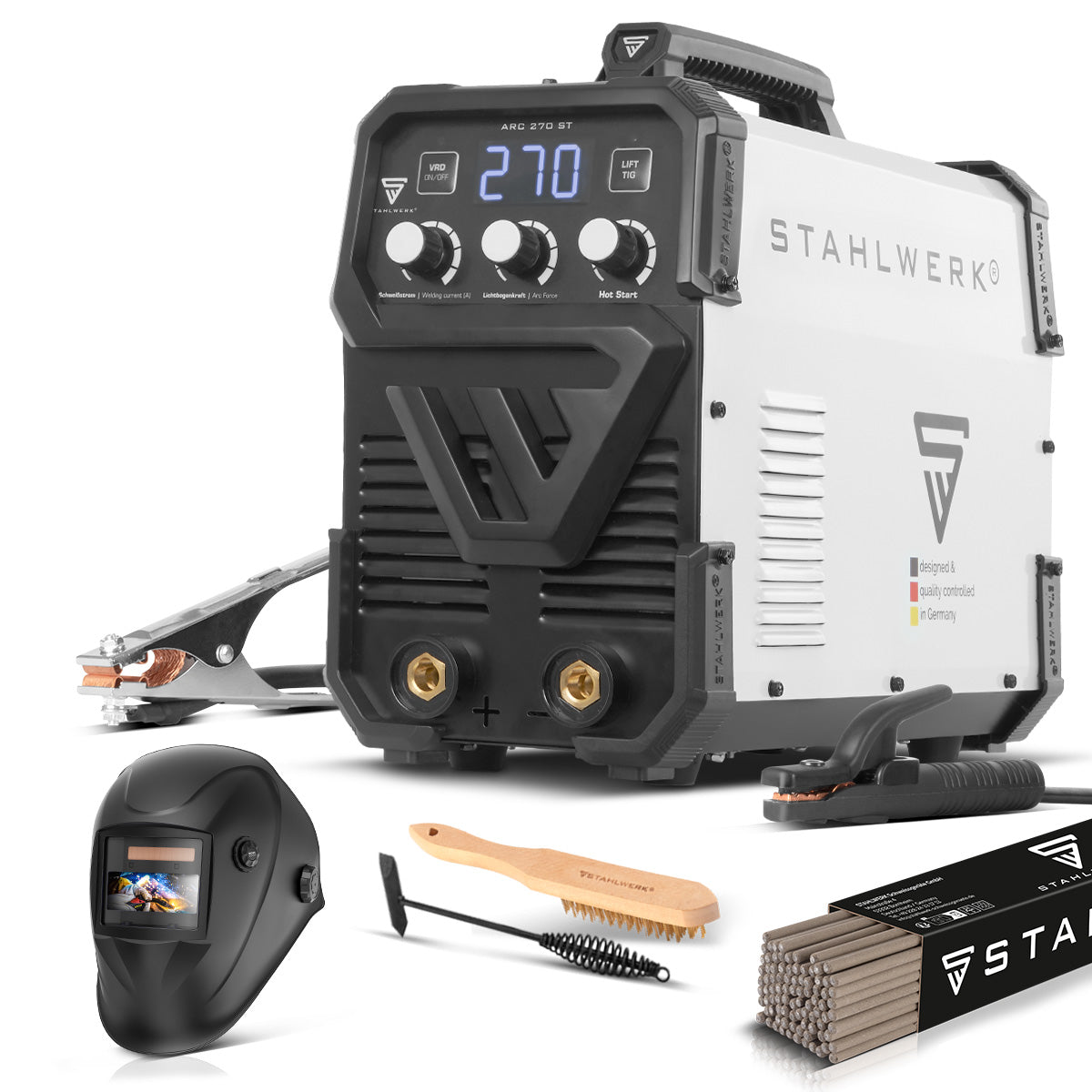 STAHLWERK ARC 270 ST fully equipped IGBT welding machine DC MMA / E-hand welder, lift-TIG function with real 270 amps, very compact, 400V, white