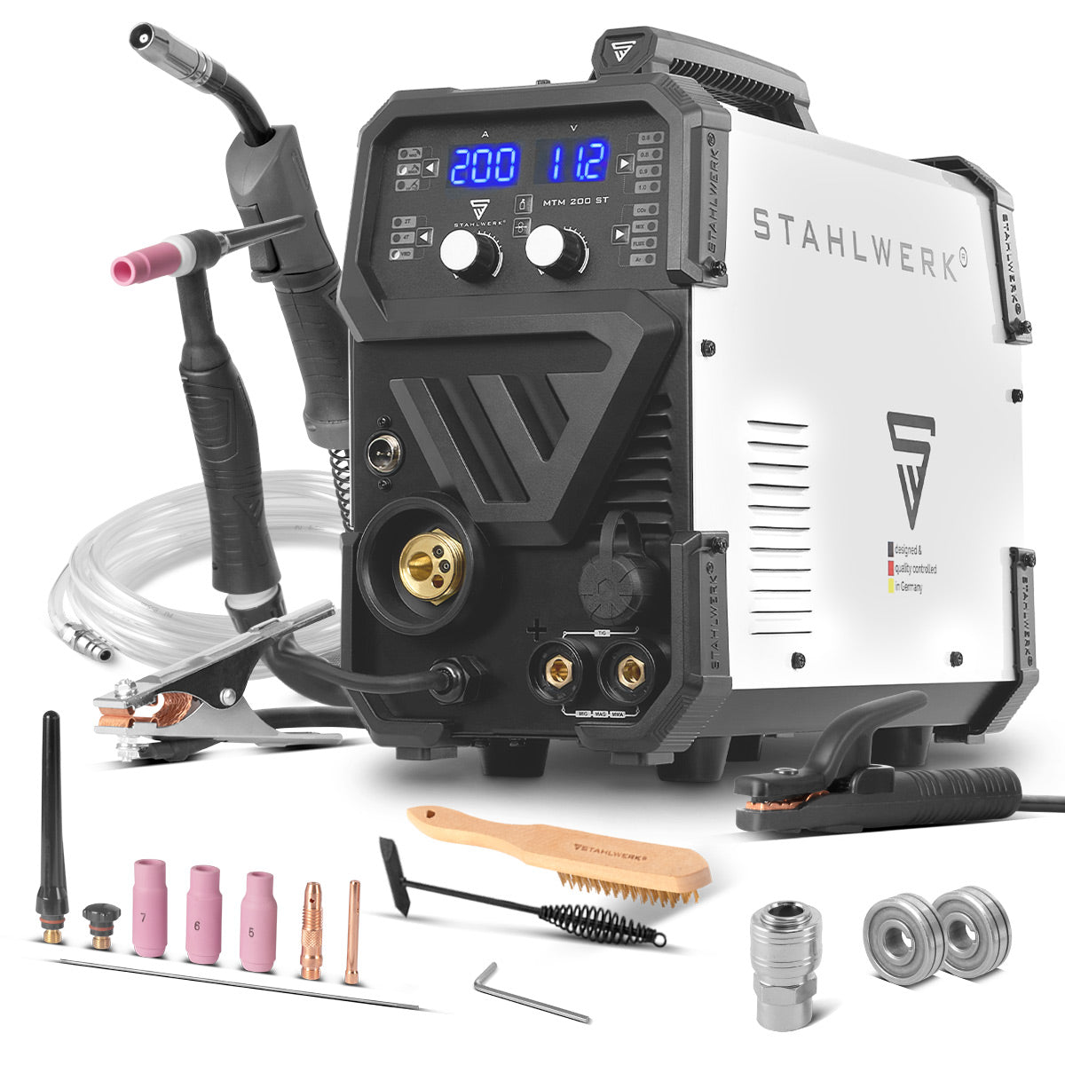 Saldatrice a gas inerte STAHLWERK MTM-200 ST 3 in 1 | Inverter combinato 200 A per saldatura TIG, MIG/MAG, MMA, FLUX, CuSi3 | Accensione HF | Trainafilo sinergico | VRD e Hotstart | Modalità 2 tempi/4 tempi