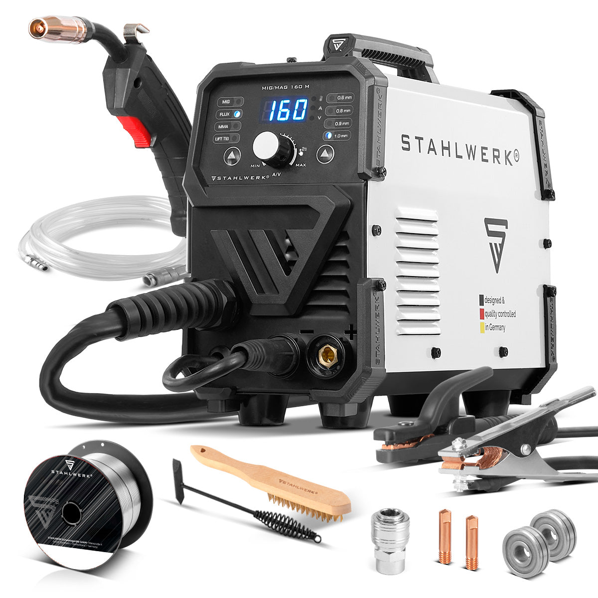 Saldatrice STAHLWERK MIG/MAG 160 M Dispositivo combinato 5 in 1 completamente sinergico con 160 A reali e 2 rotoli di filo trainato/animato, MIG MAG, ARC MMA, Lift TIG