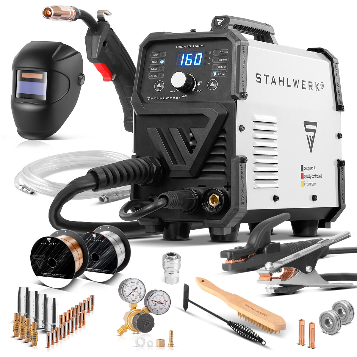 STAHLWERK MIG MAG 160 M Máquina de soldar totalmente equipada Dispositivo combinado 5 en 1 totalmente sinérgico con 160 amperios reales y 2 rollos de hilo conductor/con núcleo, MIG MAG, ARC MMA, Lift TIG