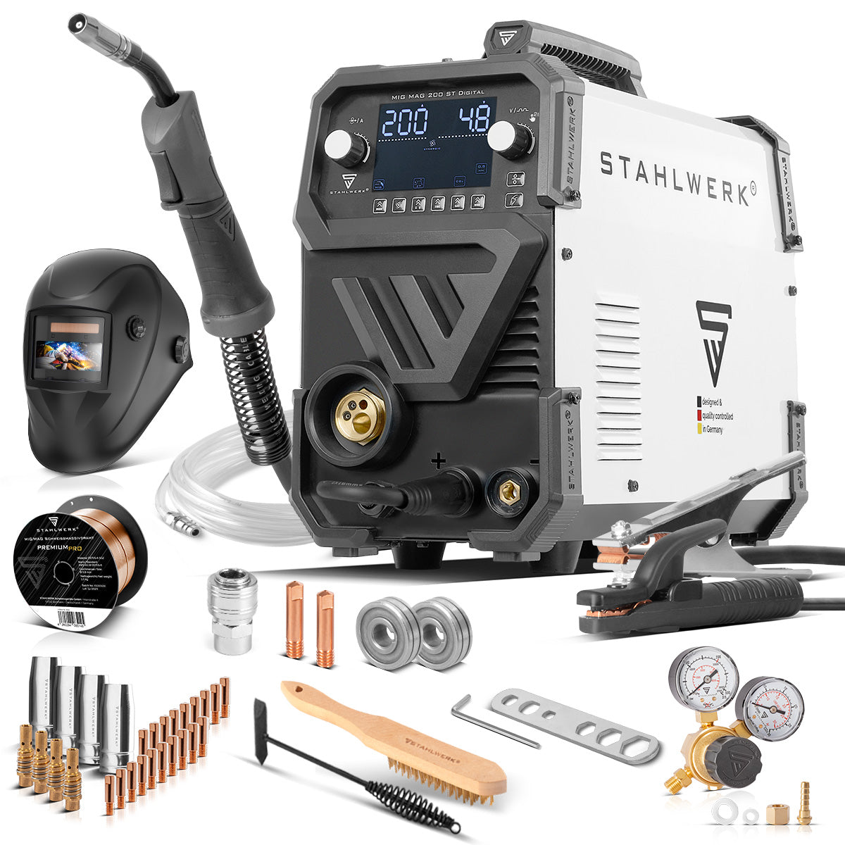 STAHLWERK welding machine MIG MAG 200 ST Digital fully equipped IGBT inert gas welding machine | Inverter with 200 A, spot function, synergic wire feed, FLUX and MMA | ARC function