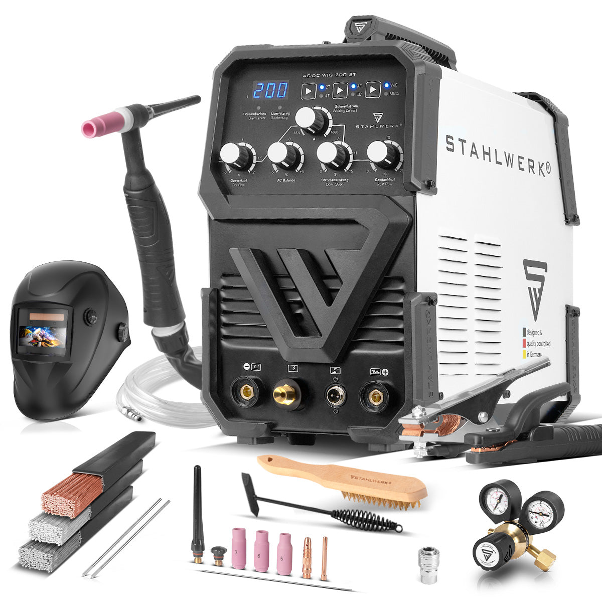 Attrezzatura completa STAHLWERK AC/DC TIG 200 ST IGBT, saldatrice combinata con 200 A TIG MMA, saldatura dell'alluminio