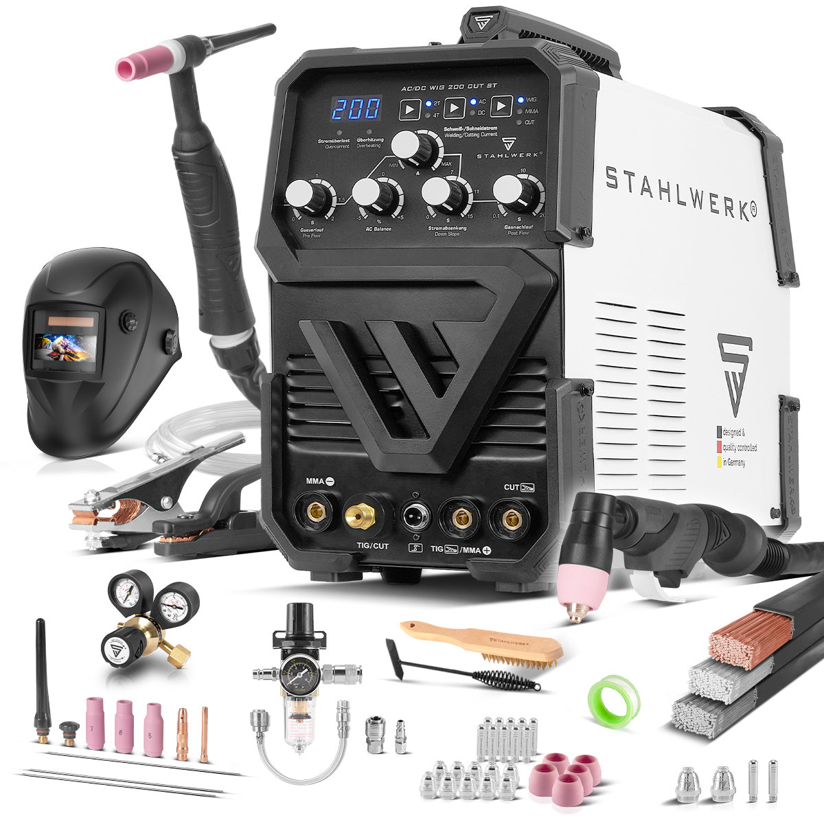 Máquina de soldar STAHLWERK AC/DC TIG 200 CUT ST combinación totalmente equipada 200 A TIG MMA y máquina de soldar 45 A CUT cortador de plasma, adecuado para ALU