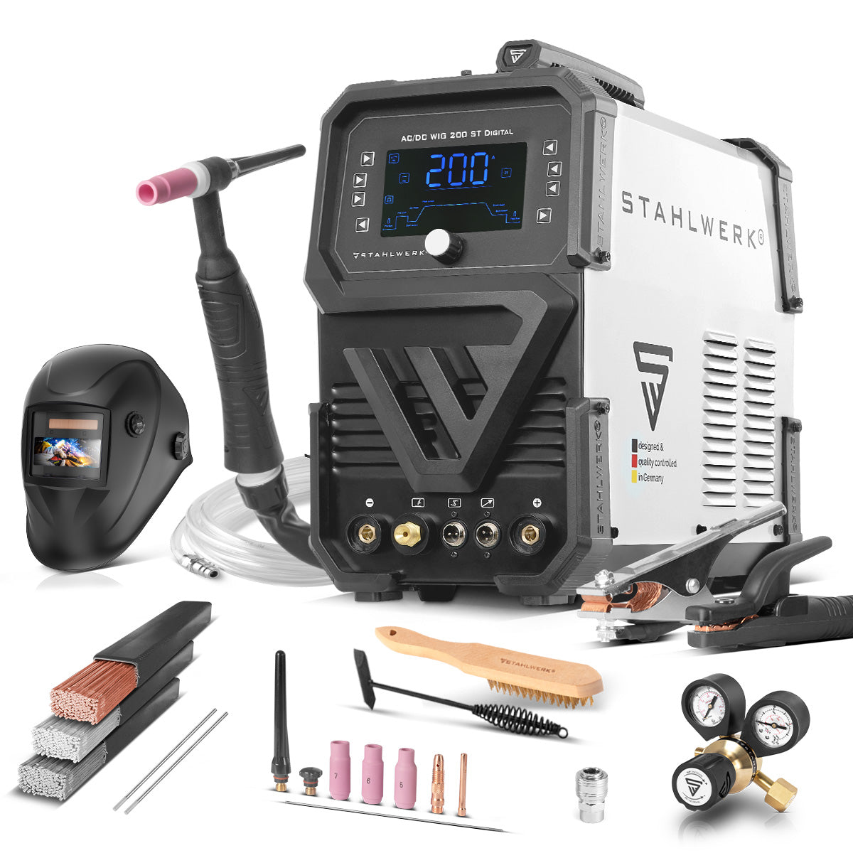 Soldadora STAHLWERK AC/DC TIG 200 ST Digital 2026 totalmente equipada | Máquina de soldar combinada | Sistema de soldadura combinado | Inversor TIG MMA apto para aluminio con 200 A y función de limpieza integrada