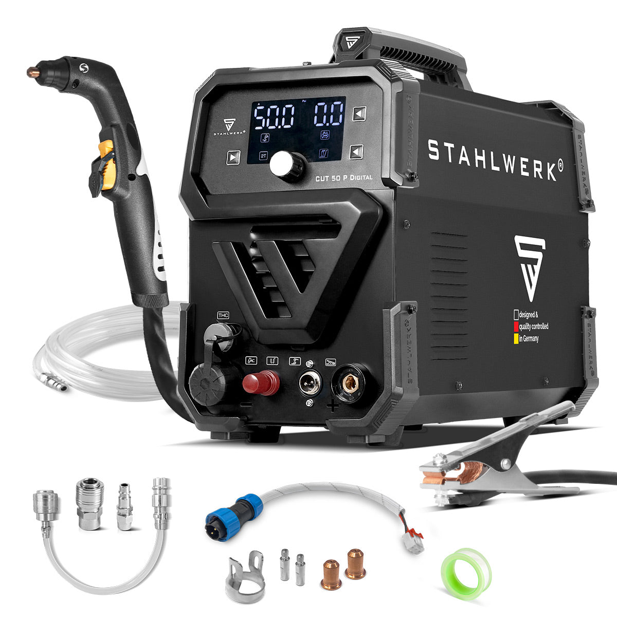 STAHLWERK plasma cutter CUT 50 P Digital | 50A Inverter Plasma Cutter | Blowback ignition | Digital display | THC interface for CNC | Cutting performance up to 20 mm | Plasma cutter with 2T/4T function