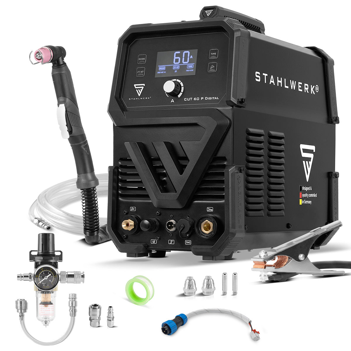 STAHLWERK Plasmaschneider CUT 60 P Digital | 60 A Inverter-Plasmaschneider | HF-Pilotzündung | Digitalanzeige | THC-Schnittstelle für CNC | Schneidleistung bis 20 mm | Plasma Cutter mit 2T/4T-Funktion
