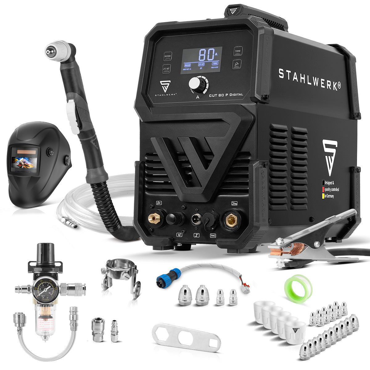 STAHLWERK Plasmaschneider CUT 80 P Digital Vollausstattung | 80 A Inverter-Plasmaschneider | HF-Pilotzündung | Digitalanzeige | THC-Schnittstelle für CNC | Schneidleistung bis 25 mm | Plasma Cutter mit 2T/4T-Funktion