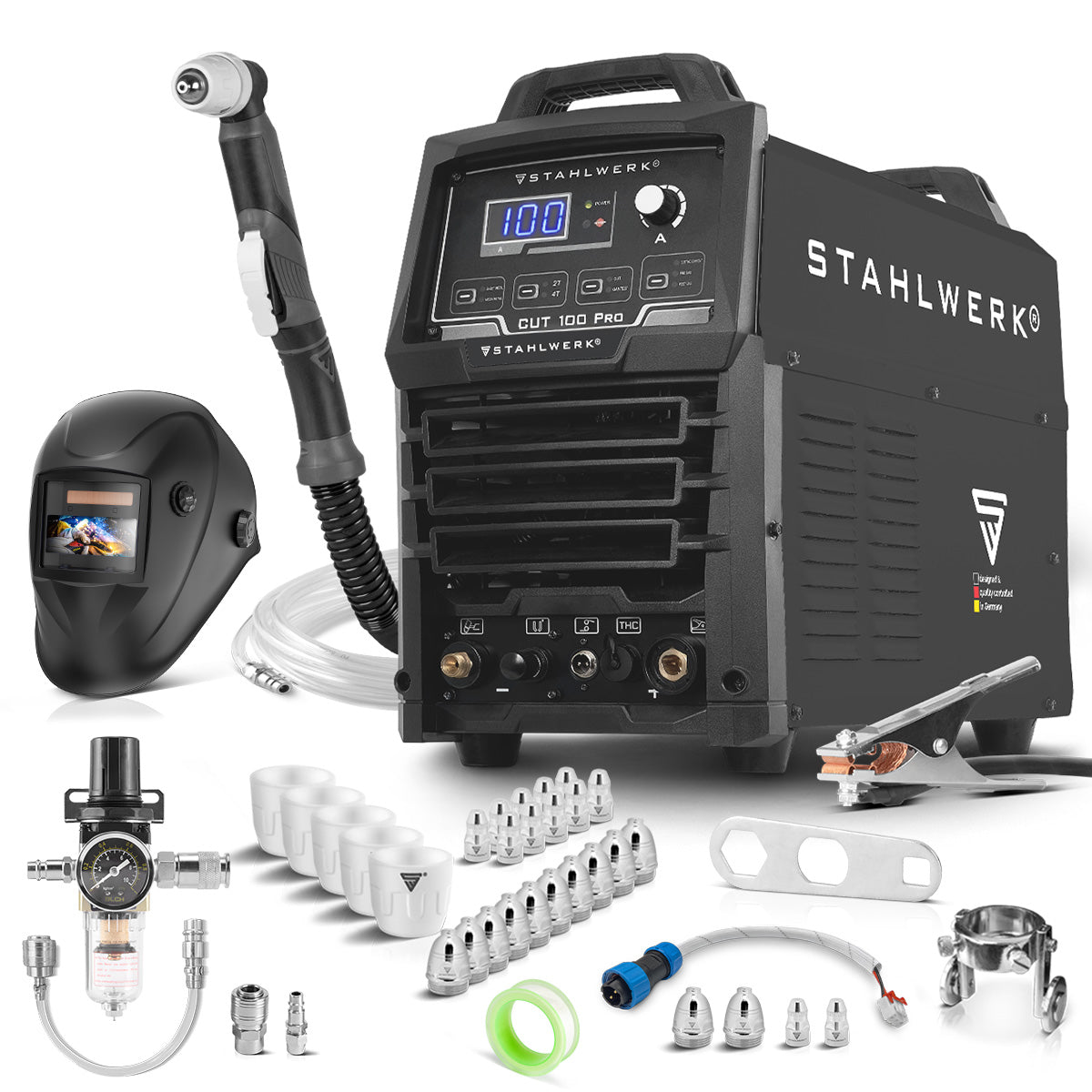 STAHLWERK Plasmaschneider CUT 100 Pro Vollausstattung | 100 A Inverter-Plasmaschneider | HF-Pilotzündung | Digitalanzeige | THC-Schnittstelle für CNC | Schneidleistung bis 44 mm | Plasma Cutter mit 2T/4T-Funktion