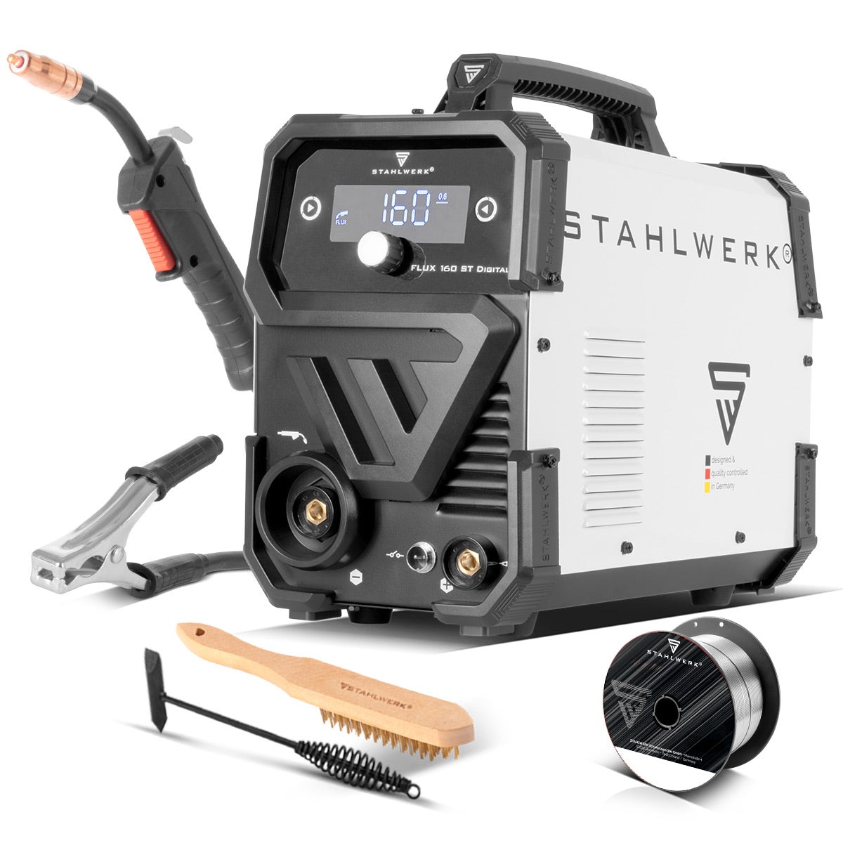 STAHLWERK FLUX 160 ST Numérique | Onduleur à fil fourré 3 en 1 160 A | Machine à souder pour FLUX, MMA, Lift-TIG | Dévidoir synergique | Soudage sans gaz de protection | Affichage numérique | Facile à utiliser