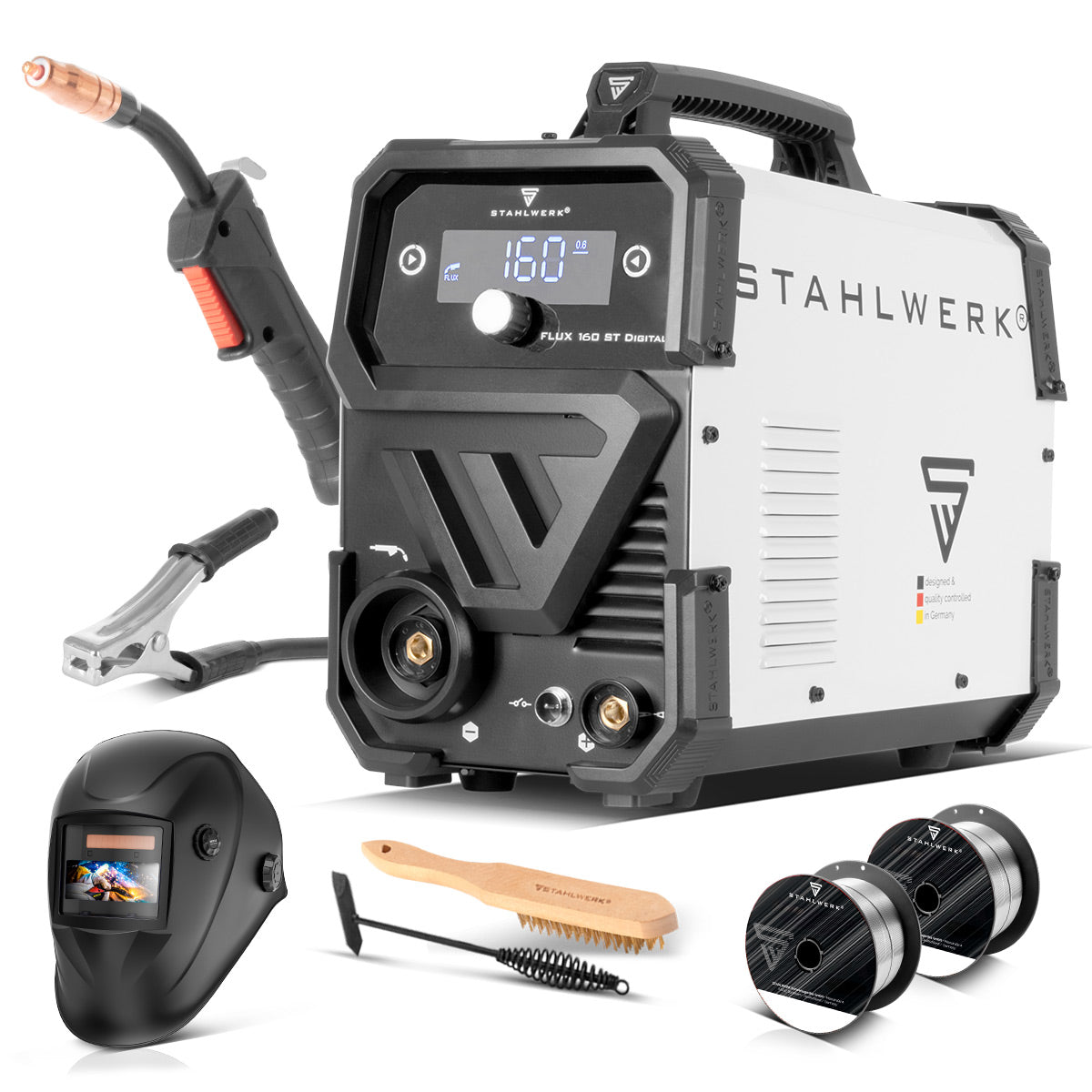 Poste à souder STAHLWERK FLUX 160 ST Digital avec équipement complet 160 A, dévidage de fil synergique, fonction Lift TIG et MMA pour le soudage sans gaz de protection