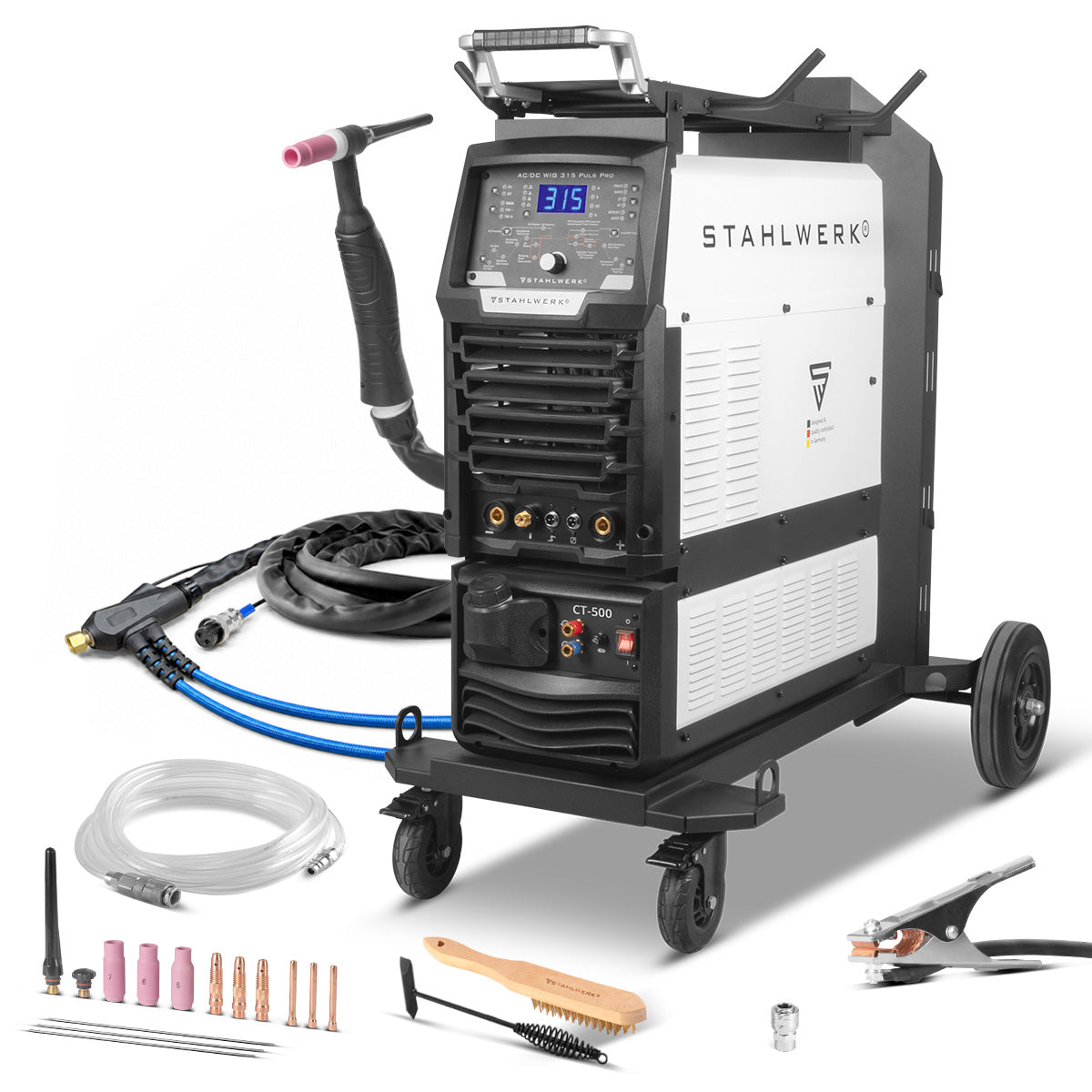 Poste à souder STAHLWERK AC/DC TIG 315 Puls Pro - Poste à souder industriel 315 A refroidi par eau avec refroidissement par eau de 1,6 kW, impulsion AC/DC, MMA/E-hand, allumage spot, HF et lift TIG, affichage numérique, 400 V