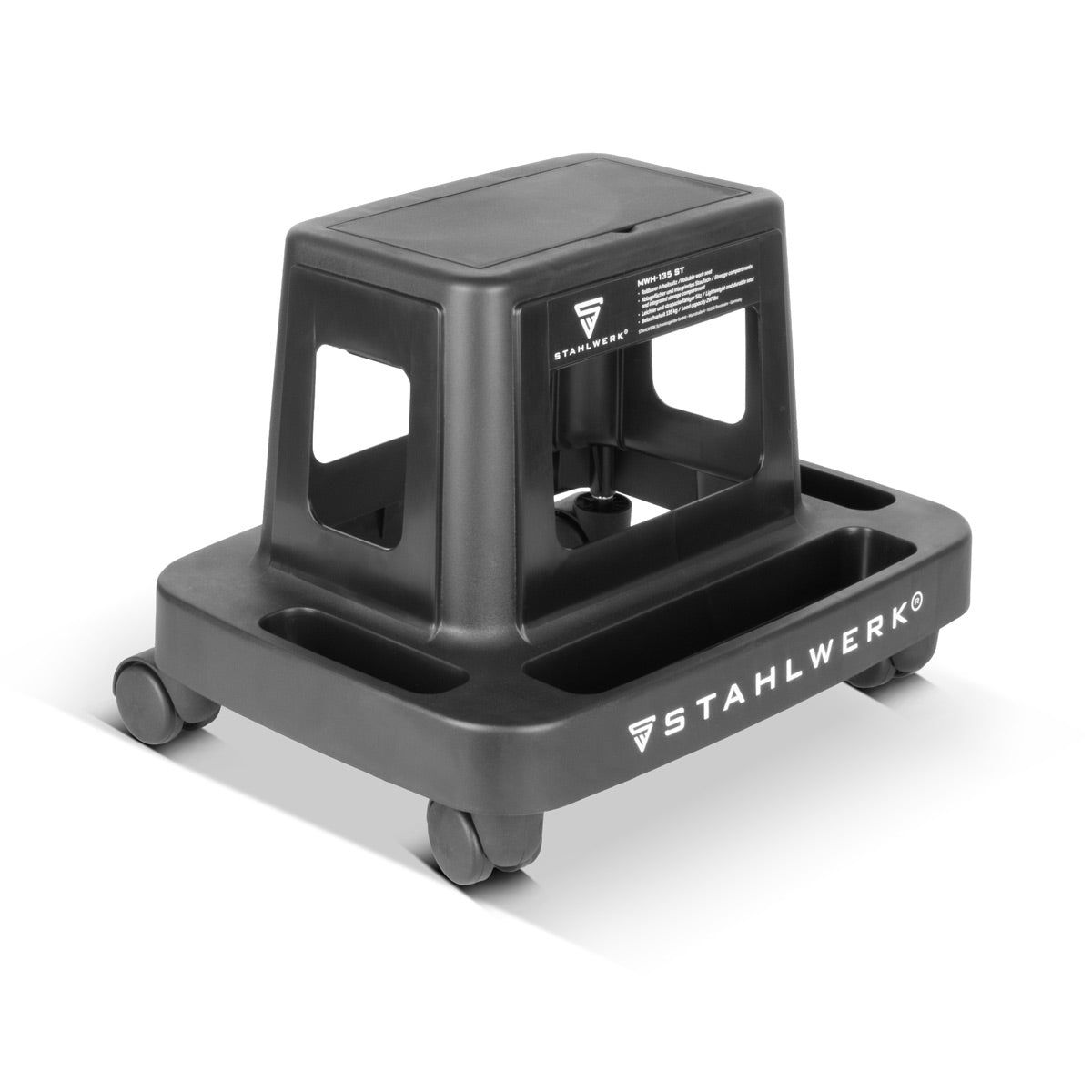 Taburete de taller STAHLWERK MWH-135 ST | Capacidad de carga de 135 kg | Asiento de taller enrollable con ruedas giratorias y compartimento interior | Silla de taller ligera | Robusto taburete de taller con ruedas y huecos para guardar cosas