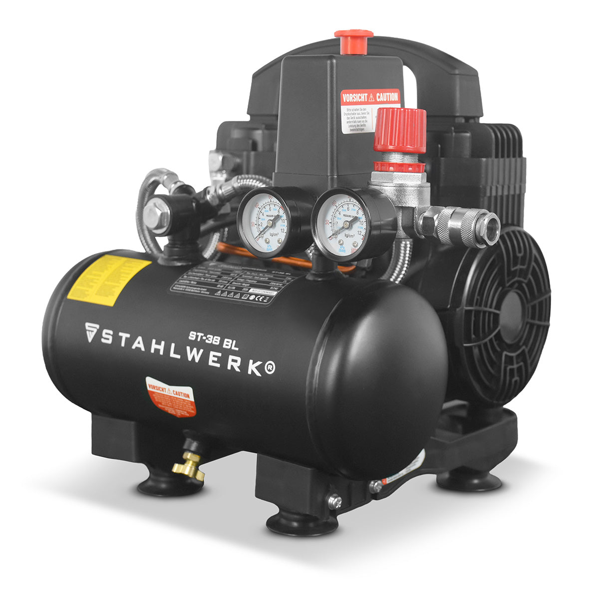 Compresor STAHLWERK ST-38 BL con 8 bar | 1,22 CV | 0,90 kW | 170 l/min | Compresor de aire comprimido sin aceite con depósito de 3 L | Compresor de pistón | Compresor silencioso | Compresor Whisper con motores sin escobillas.