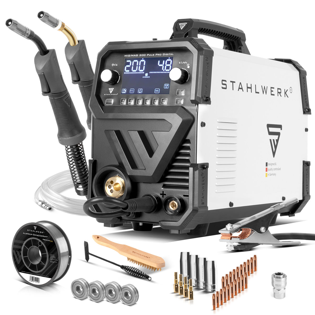 STAHLWERK MIG MAG 200 Spot Puls Pro Kit numérique en aluminium | Machine à souder au gaz inerte | Onduleur IGBT 200 A | Dévidoir synergique | Entraînement à 4 rouleaux, FLUX, Lift-TIG, MMA, CuSi, MIG-Pulse pour l'aluminium