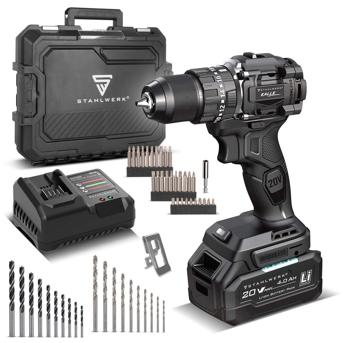STAHLWERK cordless impact drill KALLE | Cordless screwdriver | Cordless drill | Drill driver | 20 volt system | 65 Nm torque | 2-speed gearbox | 13 mm keyless chuck | Brushless