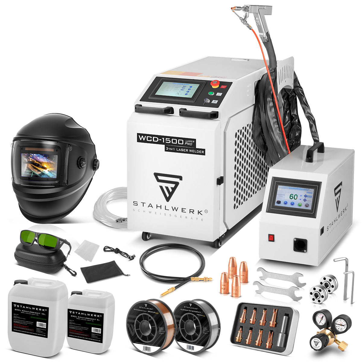 STAHLWERK Laser-Schweißgerät WCD-1500 Laser Pro | Vollausstattung | 1500 Watt |Professionelles 3-in-1 Handlaser-Schweißgerät zum präzisen Schweißen, Schneiden und Entrosten