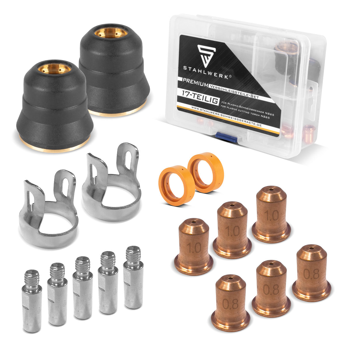 Accessori plasma STAHLWERK NS/S65 | Parti soggette ad usura per torce per taglio plasma | Set da 17 pezzi con elettrodi, ugelli da taglio 0,8/1,0 mm, cappucci protettivi, distributore di corrente, distanziatori | Scatola per il trasporto
