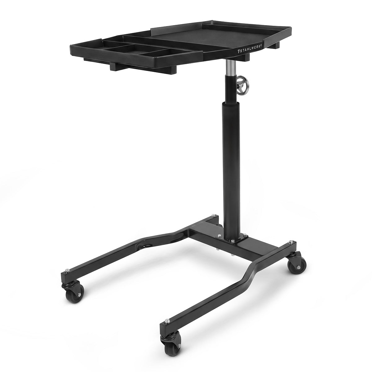 Chariot d'entretien et de montage automobile STAHLWERK | Chariot d'atelier réglable en hauteur | 74,5 – 140 cm | Capacité de charge de 75 kg | Table de travail pivotante | Espace de rangement et de travail pratique pour ateliers et garages