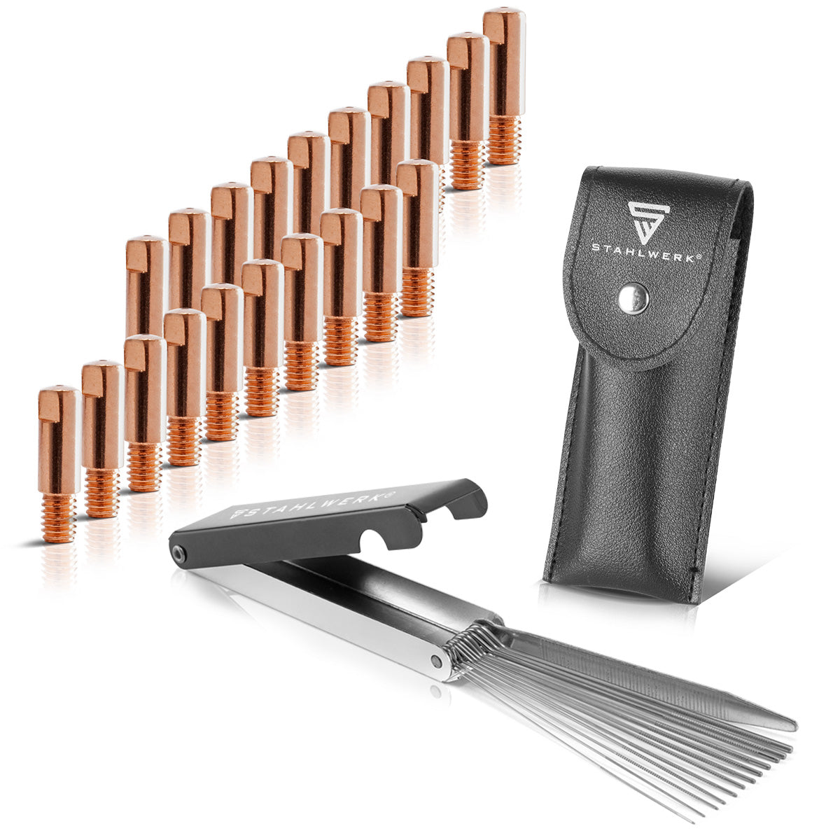 Jeu de pointes de contact STAHLWERK MIG MAG | Jeu de 20 pointes de contact M6x25 1,0 mm | Nettoyant pour buses 13 en 1 dans un étui | Accessoires pour AK15, MB15, AK14, MB14 | Kit de pièces de nettoyage et d'usure pour torches de soudage MIG/MAG