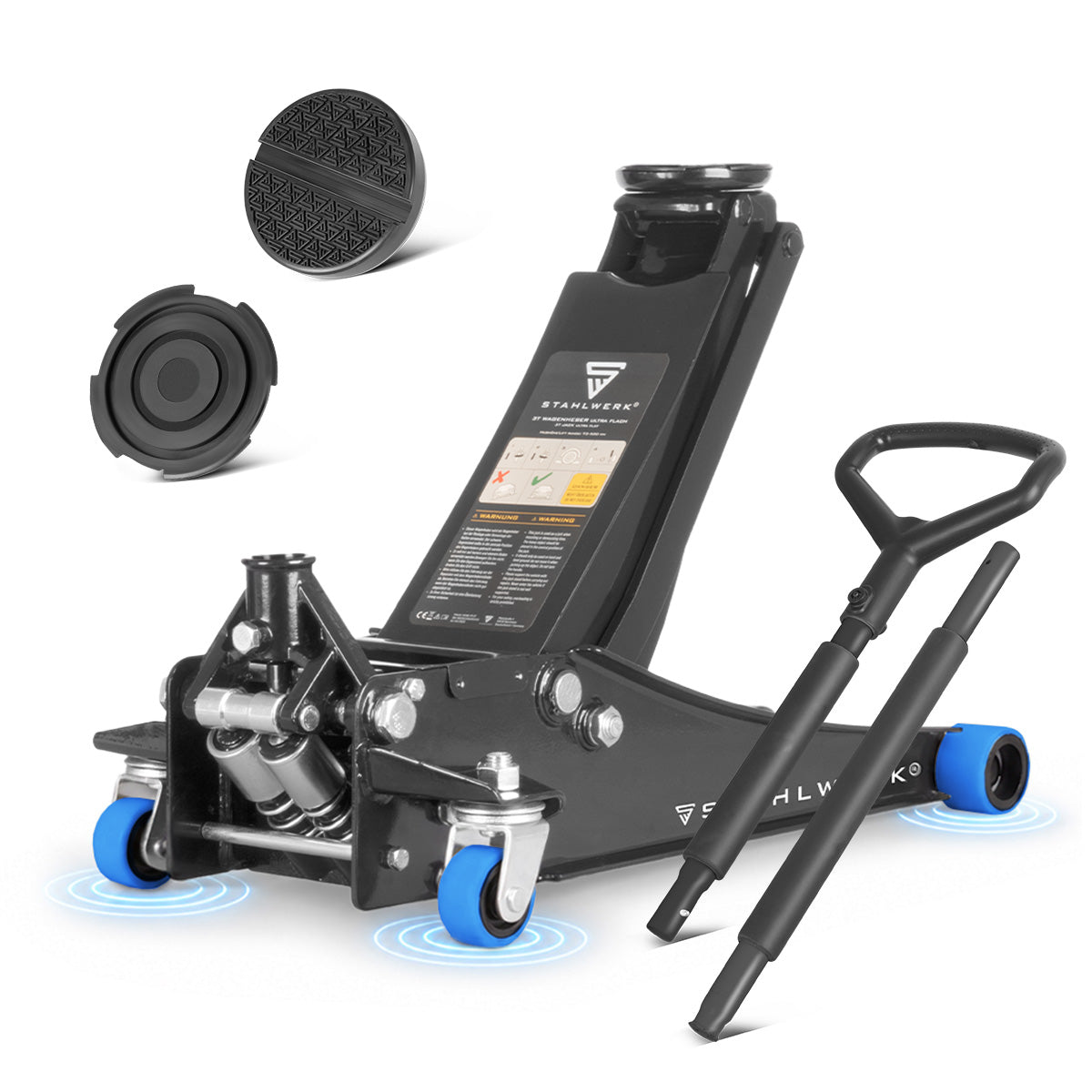 Cric de voiture STAHLWERK WHB-73 ST | Capacité de charge de 3 t | Double piston alternatif | Hauteur de levage 73-500 mm | Cric roulant extra plat | Cric hydraulique | Cric de voiture noir | Rouleaux silencieux bleus | 2 patins en caoutchouc