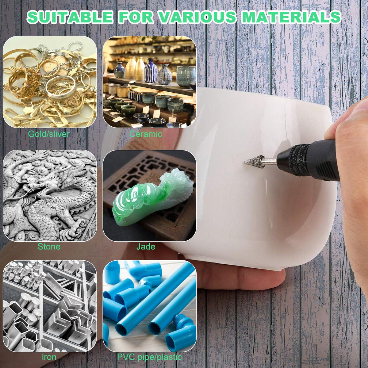Penna per incisione USB Set di 50 frese diamantate, frese diamantate per pietra, vetro, ceramica, intaglio, molatura, lucidatura, incisione, foratura, argento