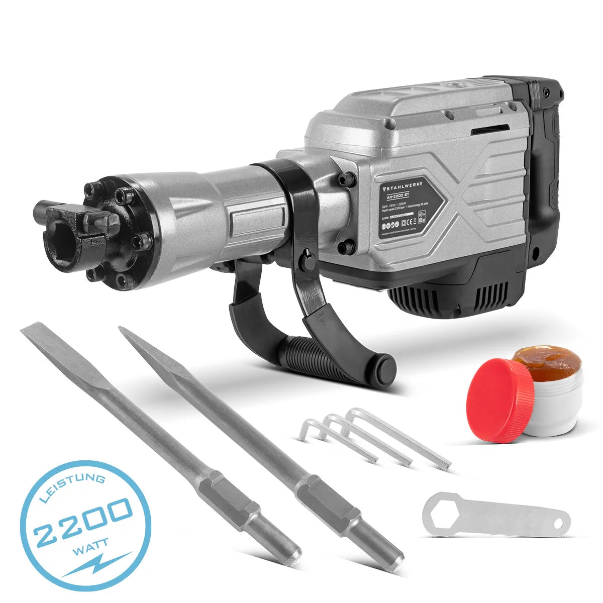 STAHLWERK Abbruchhammer AH-2200 ST mit 2.200 W Leistung, 2.100 Schläge pro Minute und 65 J Schlagkraft Stemmhammer | Meißelhammer | Schlaghammer | Bohrhammer | Abrisshammer mit Spitz- und Flachmeißel