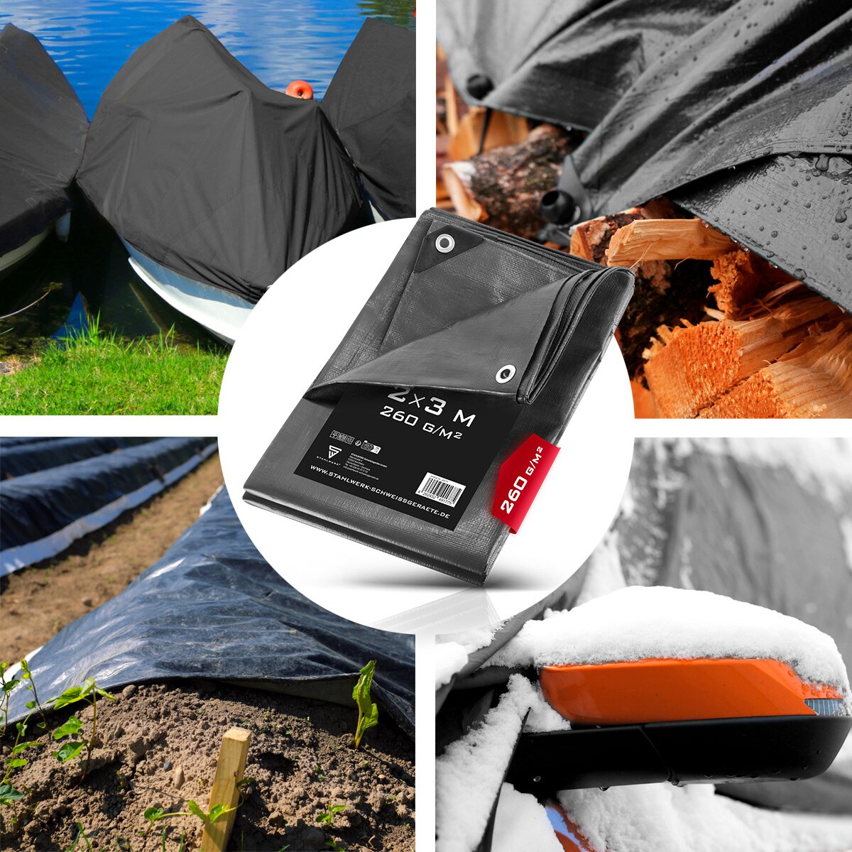 STAHLWERK Bâche à œillets 2 x 3 m Bâche de protection imperméable 260 g/m² | bâche en tissu | Bâche de jardin | Bâche pour bateau | Bâche en bois | Bâche PE