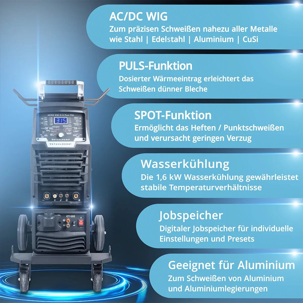 STAHLWERK Schweißgerät AC/DC WIG 315 Puls Pro Vollausstattung – wassergekühltes 315 A Industrieschweißgerät mit 1,6 kW Wasserkühlung, AC/DC Puls, MMA/E-Hand, Spot, HF- und Lift-TIG-Zündung, digitales Display, 400 V