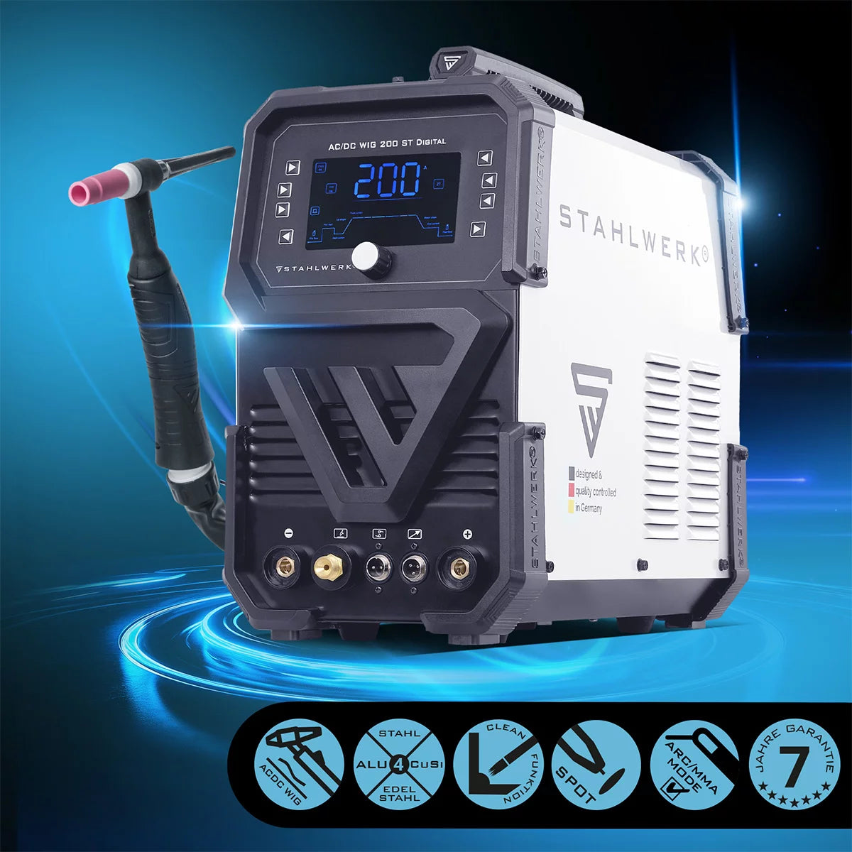 Saldatrice STAHLWERK AC/DC TIG 200 ST Digital 2026 completamente attrezzata | Saldatrice combinata | Sistema di saldatura combinato | Convertitore TIG MMA adatto all'alluminio con 200 A e funzione Clean integrata